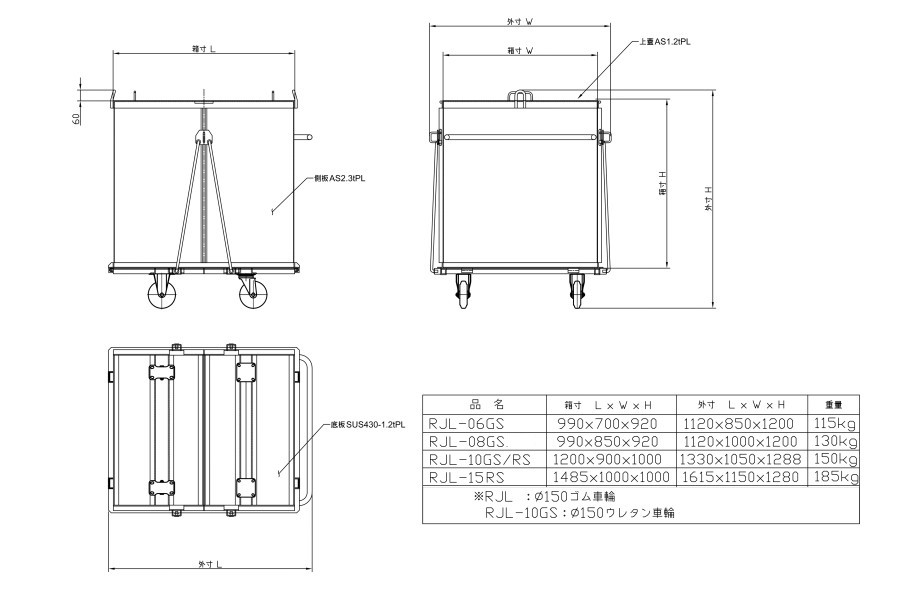 底開き式コンテナ　　　【RJL-10GS】重量物用　　税抜価格：120,000